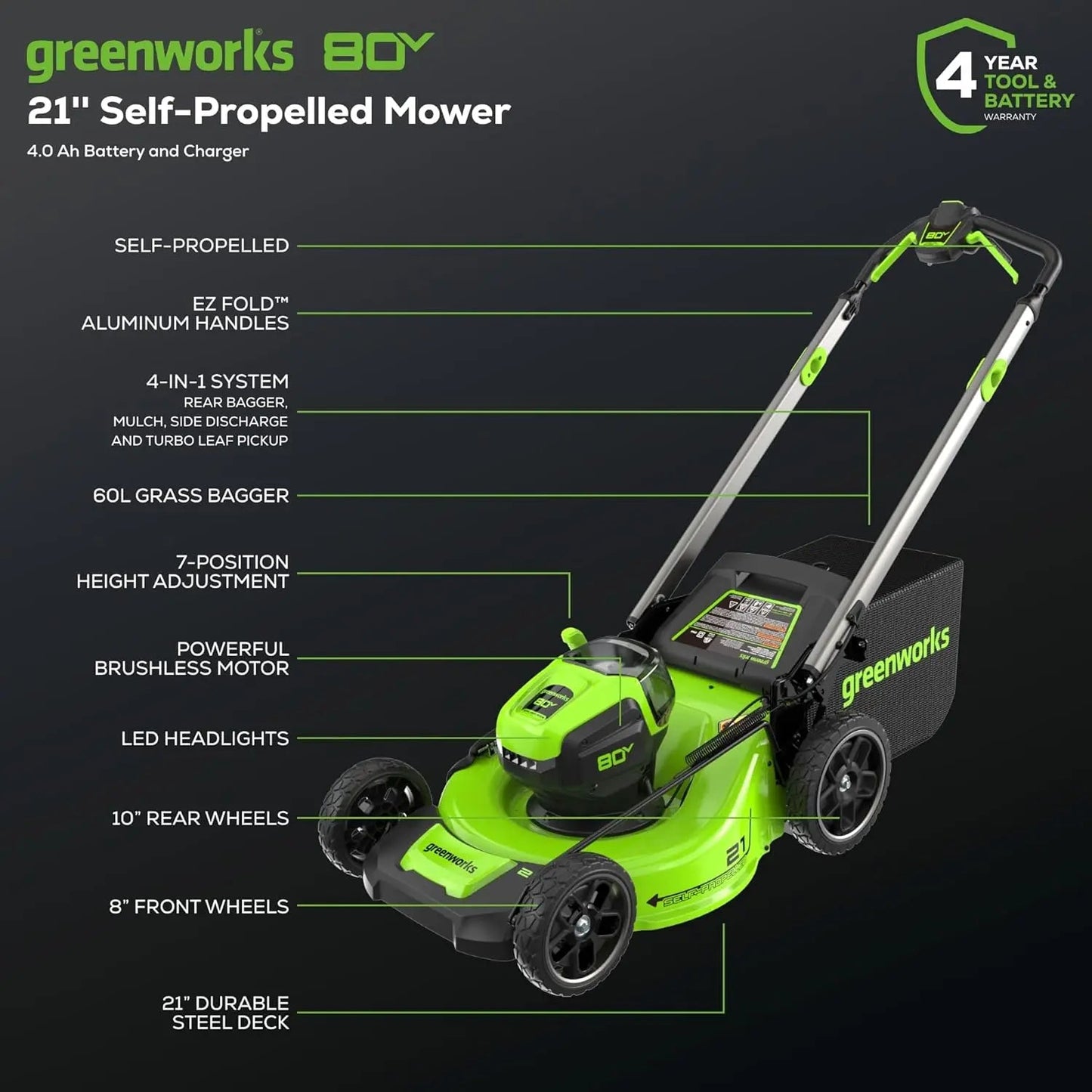 Greenworks 80V 21" Brushless Self-Propelled Lawn Mower w/ 4.0Ah Battery & Rapid Charger