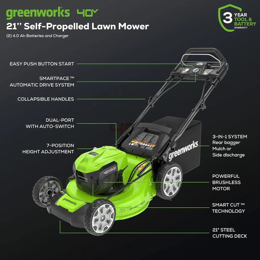 Greenworks 40V 21" Self-Propelled Cordless Mower w/ Dual 4.0Ah Batteries